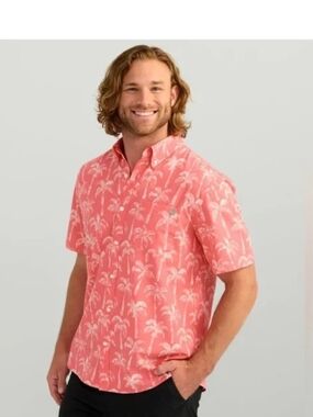 Huk Kona Palm Wash Shirt Men's Size XL Button Down Palm Trees Fishing Coral EUC
